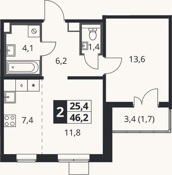 Планировка: 2-к, 45,7 м²