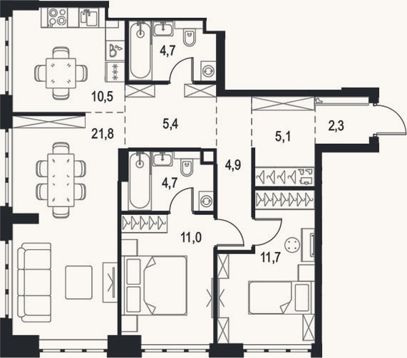 Планировка: 3-к, 82,1 м²