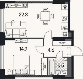 Планировка: 2-к, 45,7 м²