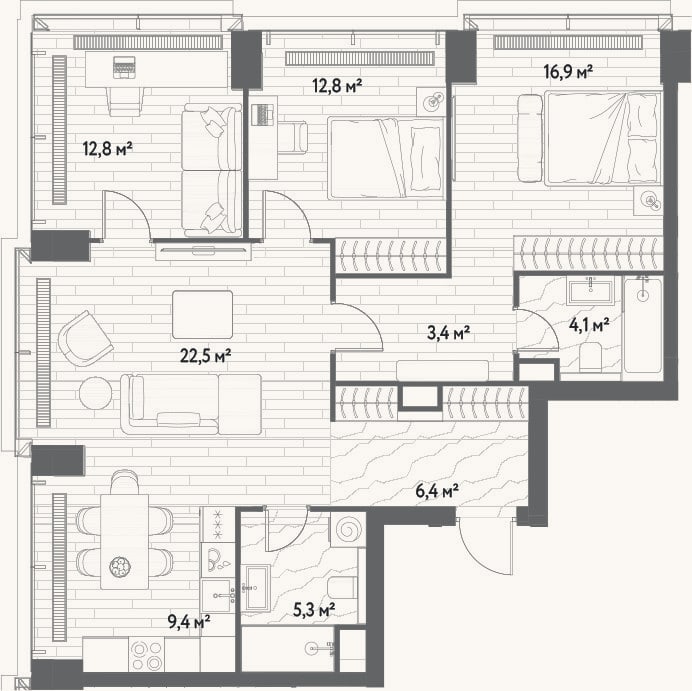 Планировка: 4+ к, 93,6 м²