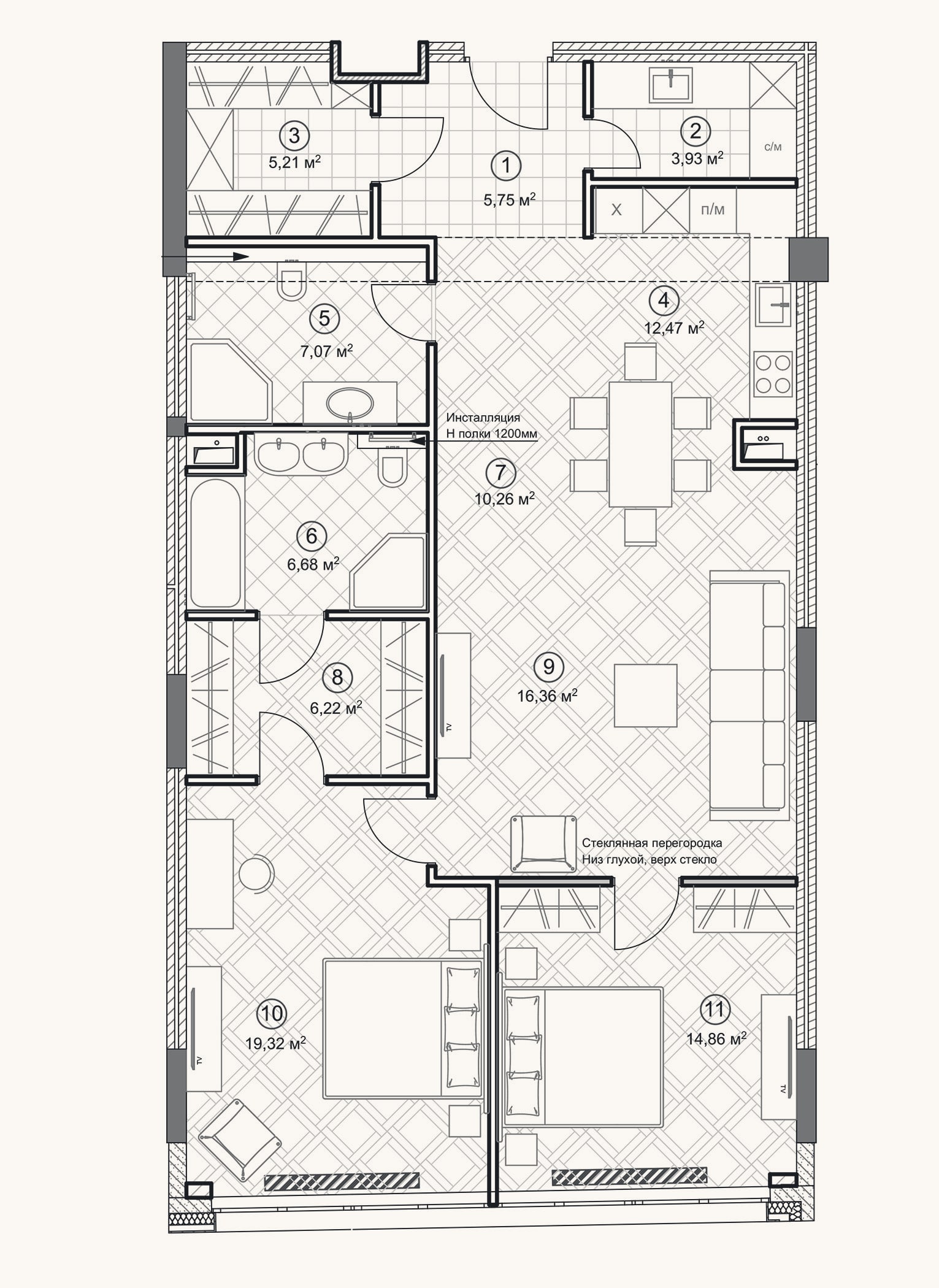 Планировка: 3-к, 107,8 м²