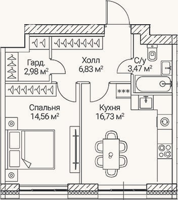 Планировка: 1-к, 44,6 м²