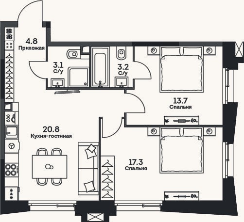 Планировка: 3-к, 62,9 м²