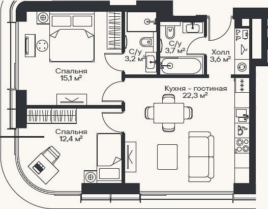 Планировка: 3-к, 59,1 м²
