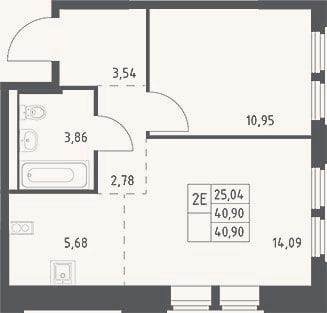 Планировка: 2-к, 40,9 м²