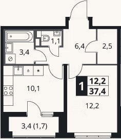 Планировка: 1-к, 35,7 м²