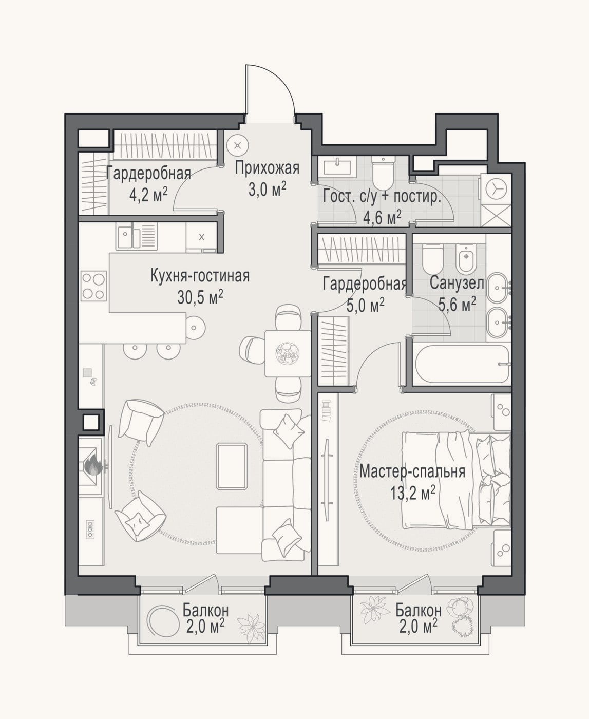Планировка: 2-к, 67,3 м²