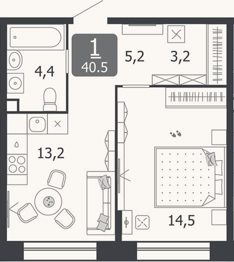 Планировка: 1-к, 40,5 м²