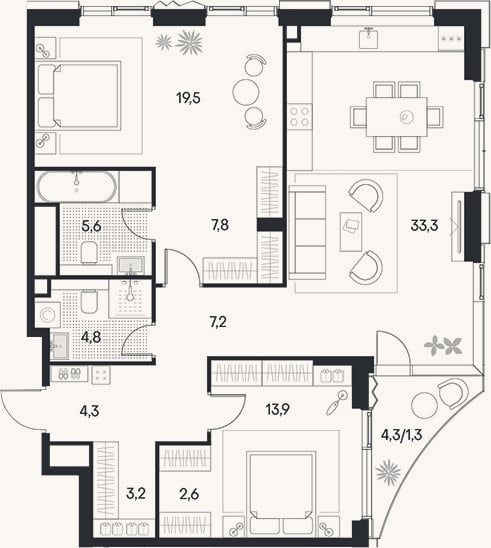 Планировка: 3-к, 102,2 м²