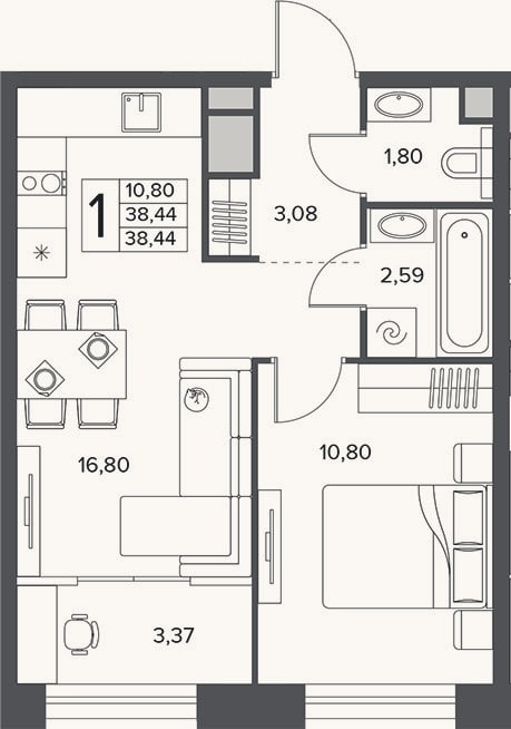 Планировка: 2-к, 38,4 м²