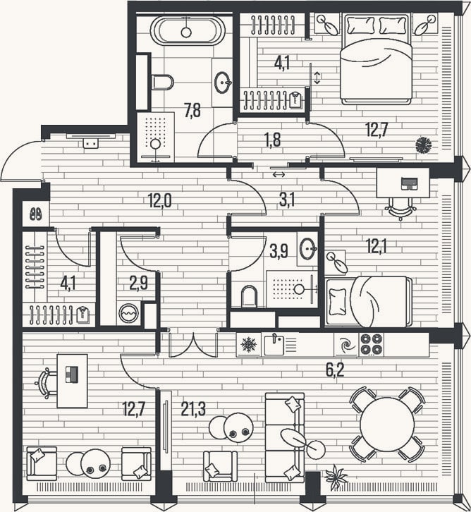 Планировка: 4+ к, 104,7 м²