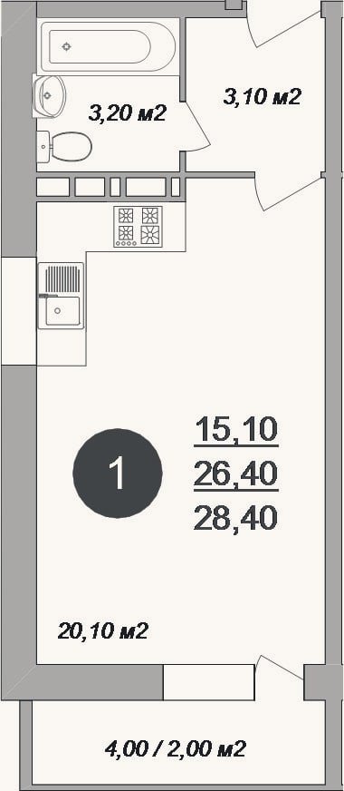 Планировка: Студия, 26,4 м²
