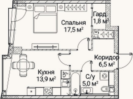 Планировка: 1-к, 44,8 м²
