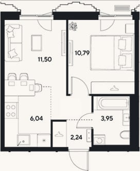 Планировка: 2-к, 34,5 м²