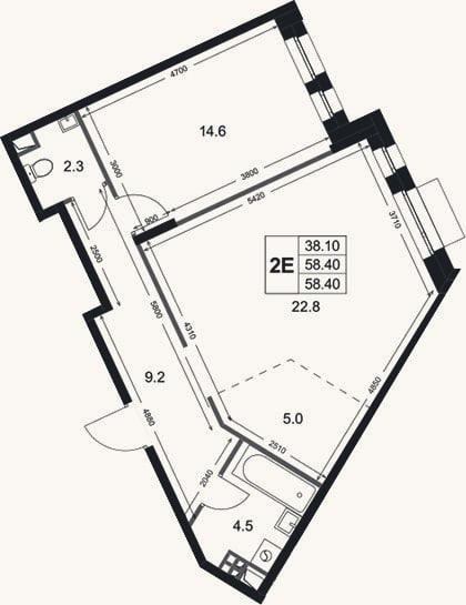 Планировка: 2-к, 58,4 м²