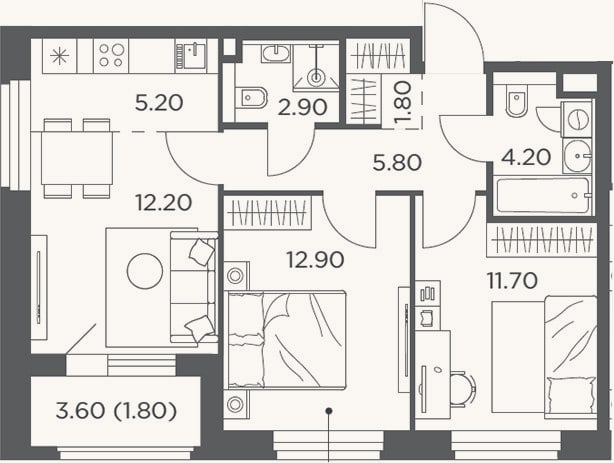 Планировка: 3-к, 56,7 м²