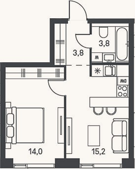 Планировка: 2-к, 36,8 м²