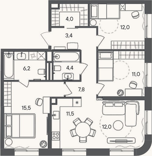 Планировка: 4+ к, 87,8 м²