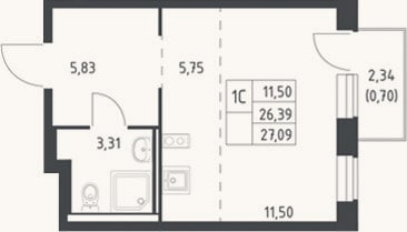 Планировка: Студия, 26,4 м²
