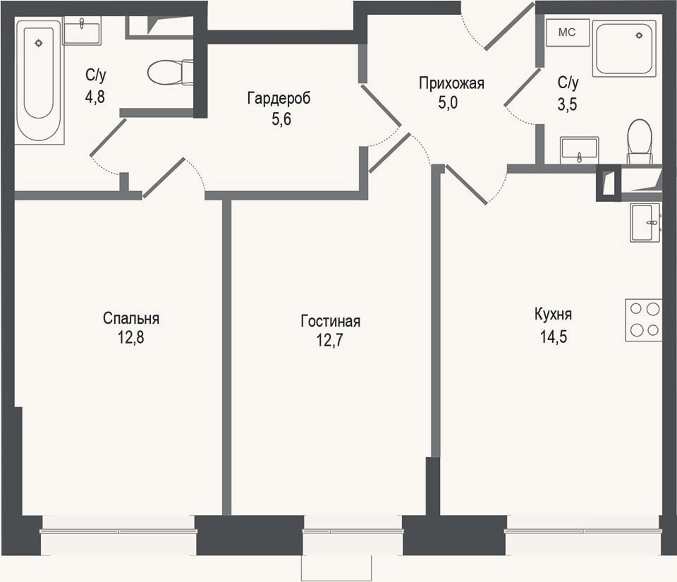 Планировка: 2-к, 58,9 м²