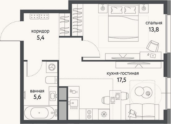 Планировка: 2-к, 42,3 м²