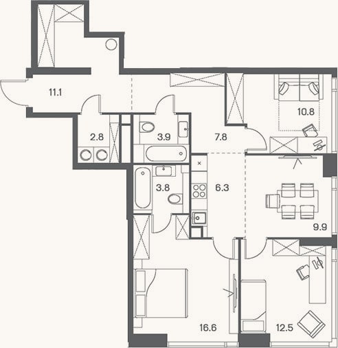 Планировка: 4+ к, 85,5 м²