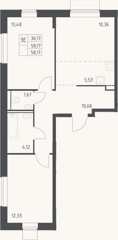 Планировка: 3-к, 58,2 м²