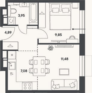 Планировка: 2-к, 37,3 м²