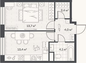 Планировка: 1-к, 37,6 м²