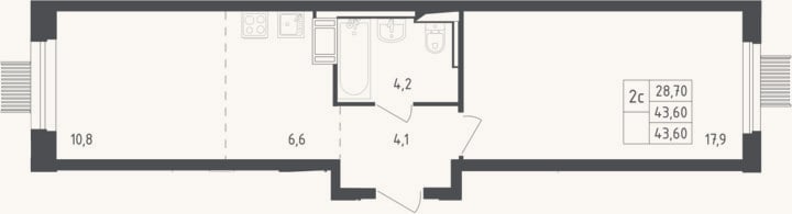 Планировка: 2-к, 43,6 м²