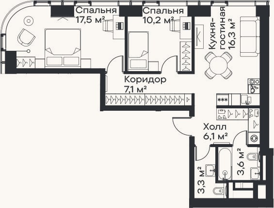 Планировка: 3-к, 64,1 м²