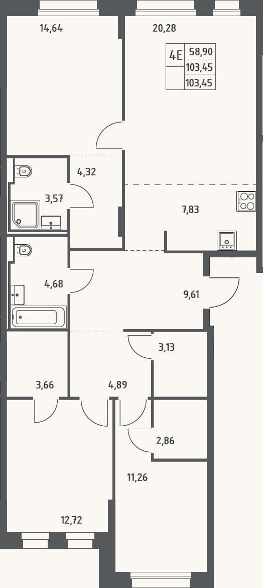 Планировка: 4+ к, 103,5 м²