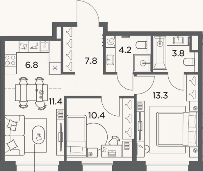Планировка: 3-к, 57,7 м²