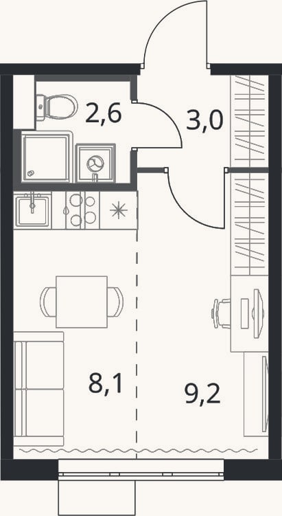 Планировка: Студия, 22,9 м²