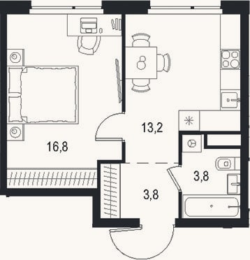 Планировка: 1-к, 37,6 м²
