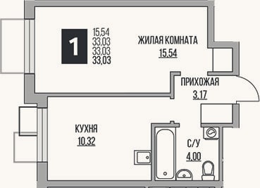 Планировка: 1-к, 33 м²