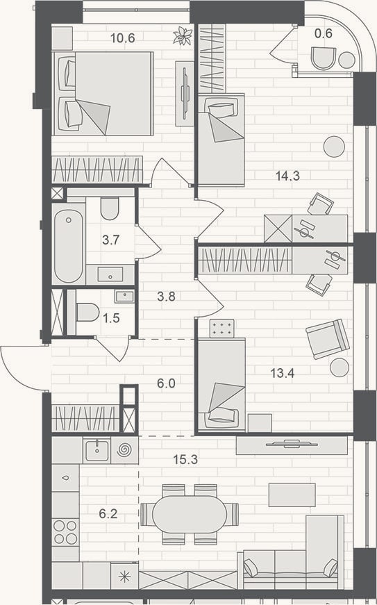 Планировка: 4+ к, 74,5 м²