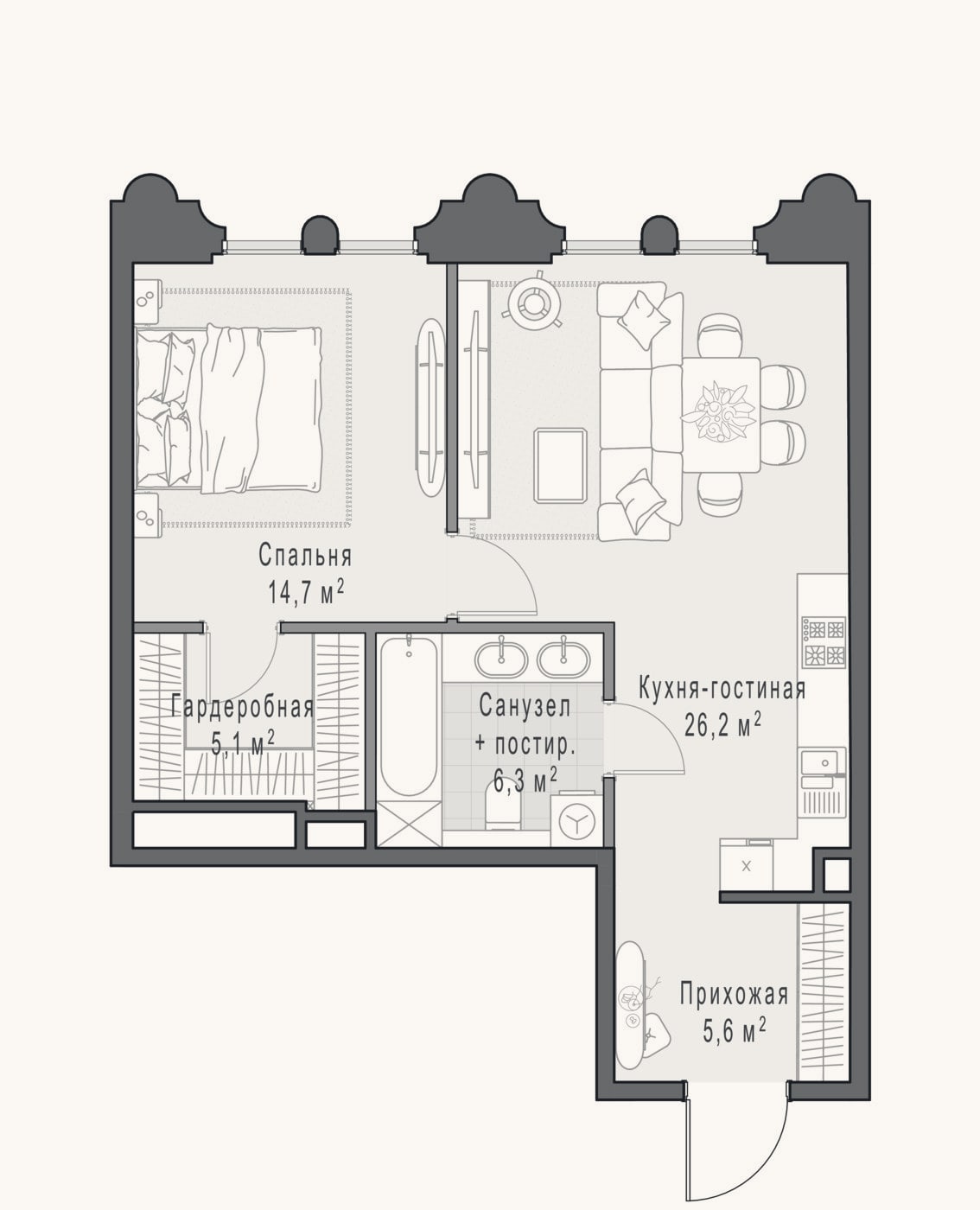 Планировка: 2-к, 58,4 м²