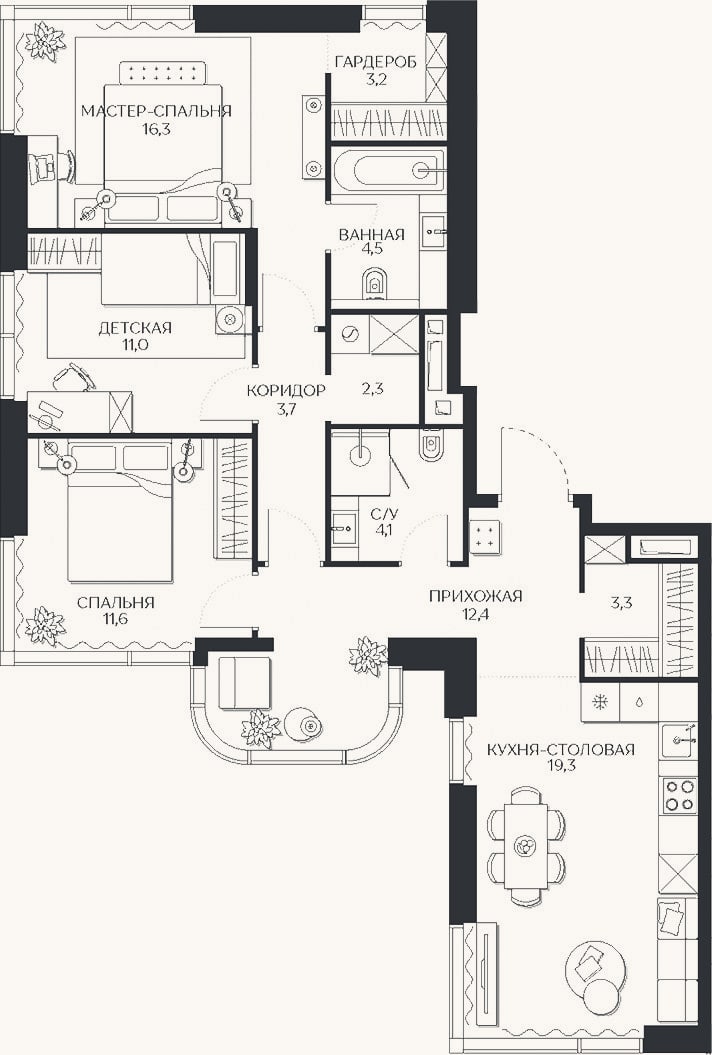 Планировка: 4+ к, 91,7 м²