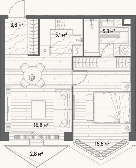 Планировка: 2-к, 47,6 м²
