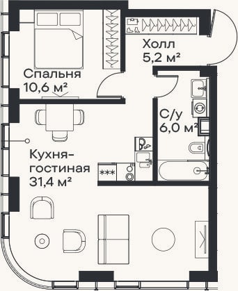 Планировка: 2-к, 53,2 м²