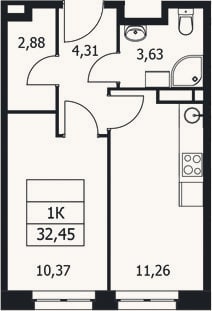 Планировка: 1-к, 32,5 м²