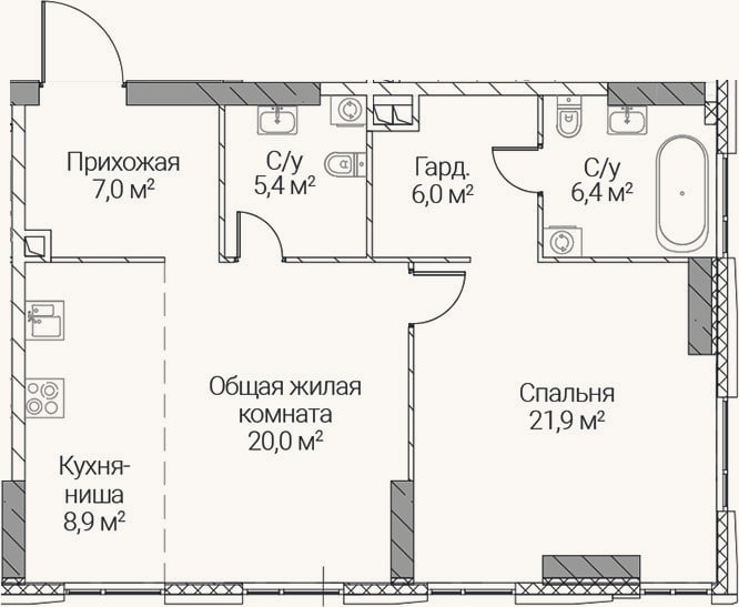 Планировка: 2-к, 75,6 м²