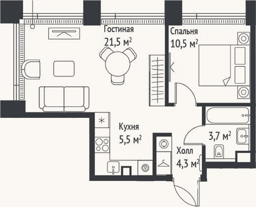 Планировка: 2-к, 45,4 м²