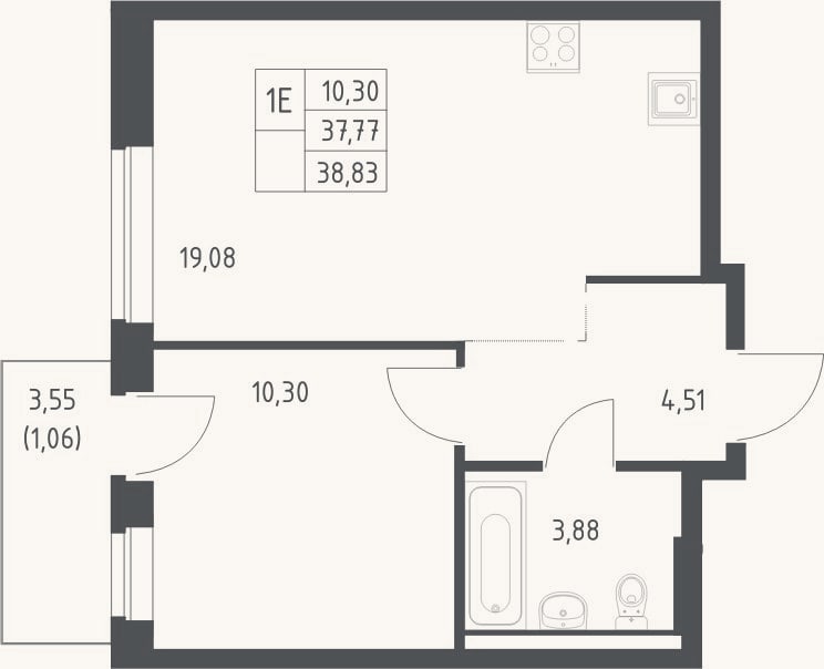 Планировка: 2-к, 37,8 м²