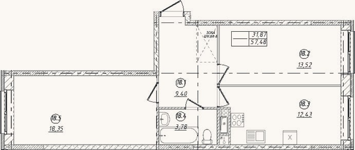 Планировка: 2-к, 57,5 м²