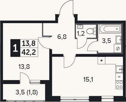 Планировка: 1-к, 41,4 м²