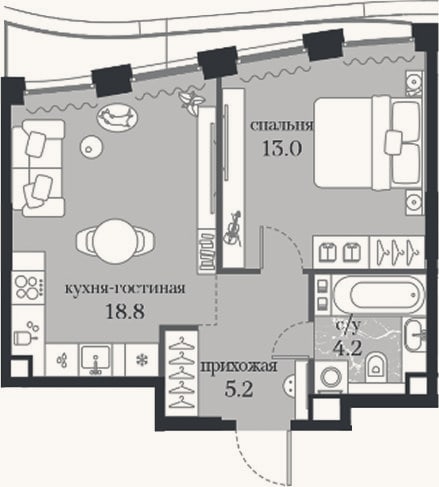 Планировка: 1-к, 41,2 м²