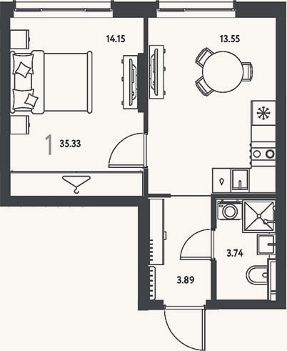 Планировка: 1-к, 35,3 м²