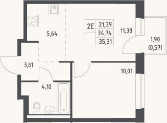 Планировка: 2-к, 34,7 м²